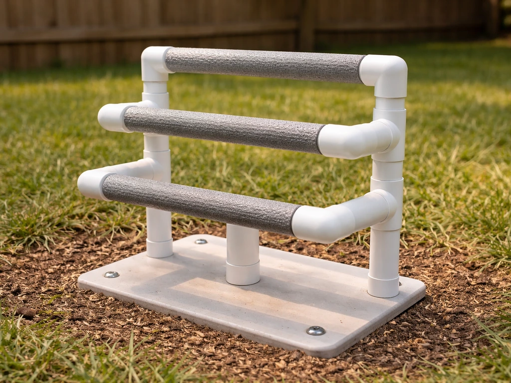 Finished multi-level PVC bird perch with non-slip grip mounted outdoors against a backyard fence.