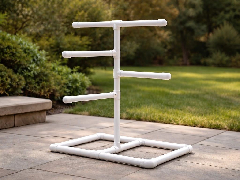 Minimal multi-level T-frame PVC bird perch with different-height horizontal bars in a backyard setting