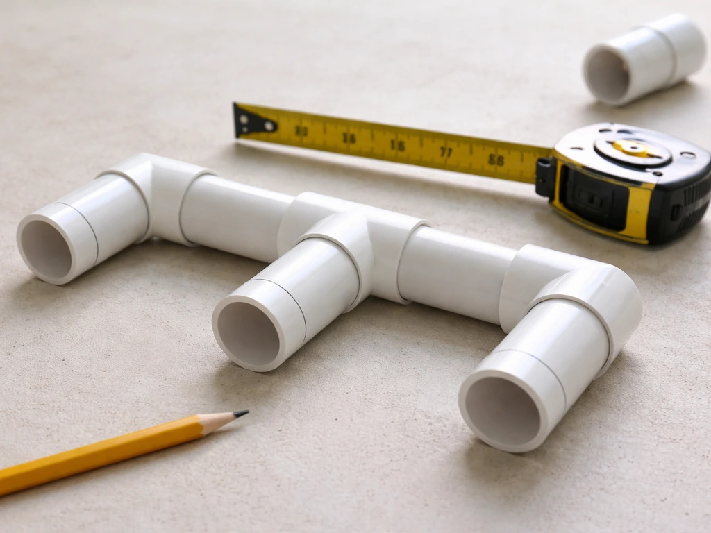 Cut PVC pipe sections laid out for dry-fitting with pencil cut lines and a tape measure nearby.