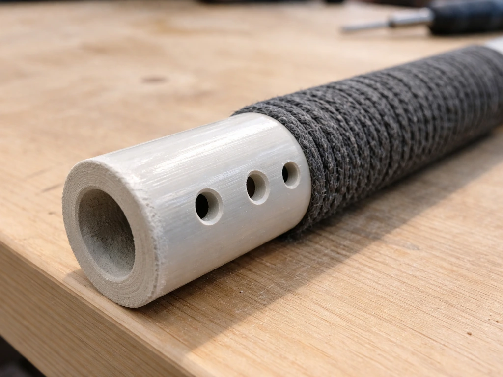 Close-up of sanded PVC perch end with drilled holes and a rubbery, non-slip grip wrap ready for birds