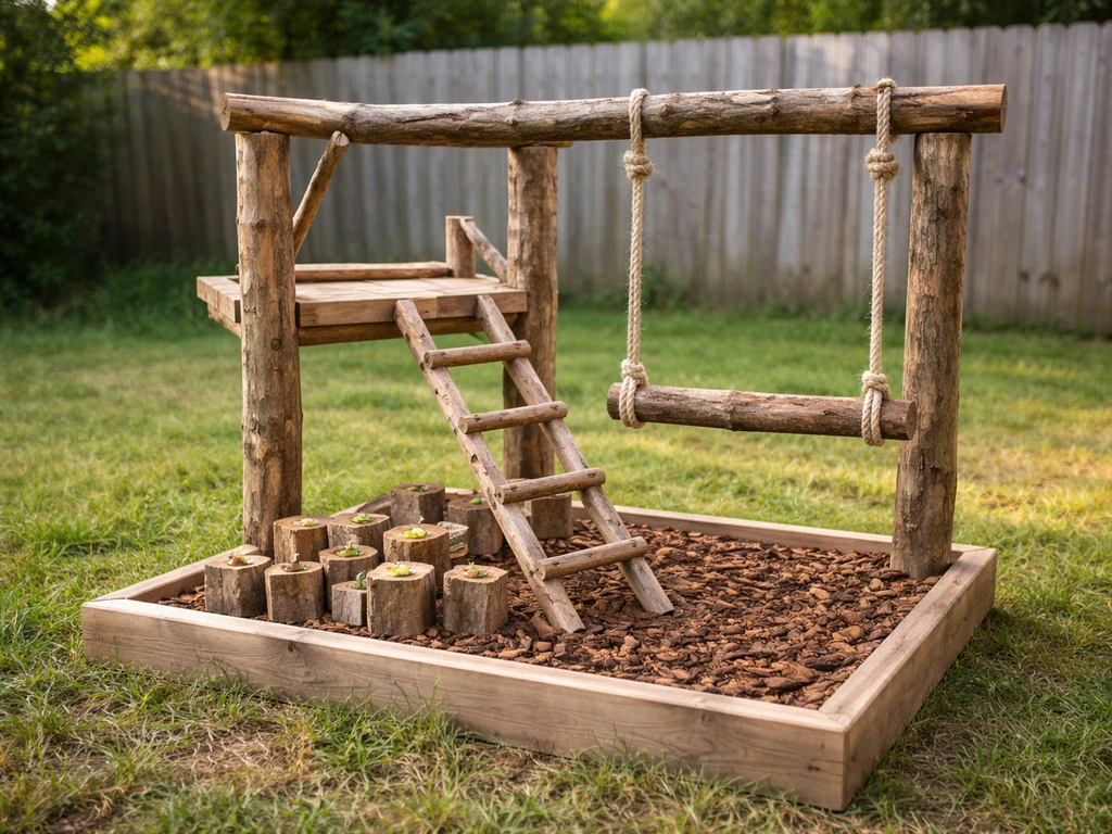 Weatherproofed backyard DIY bird playground with perches, ladder/ramp, and a small swing on untreated wood.