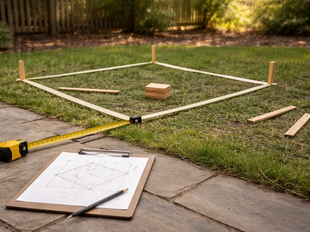 Tape measure and masking-tape layout on the ground for a small bird-friendly backyard play area.