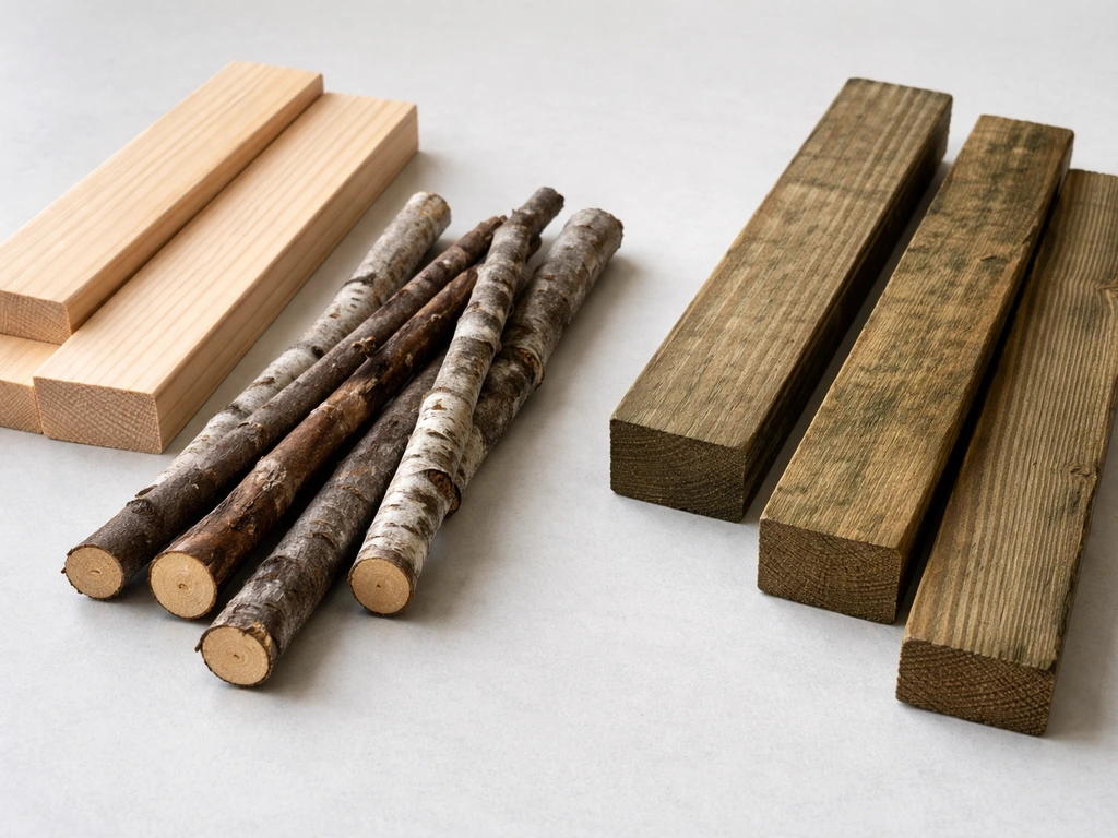 Bird-safe untreated lumber and branches placed next to darker pressure-treated wood pieces on a table.