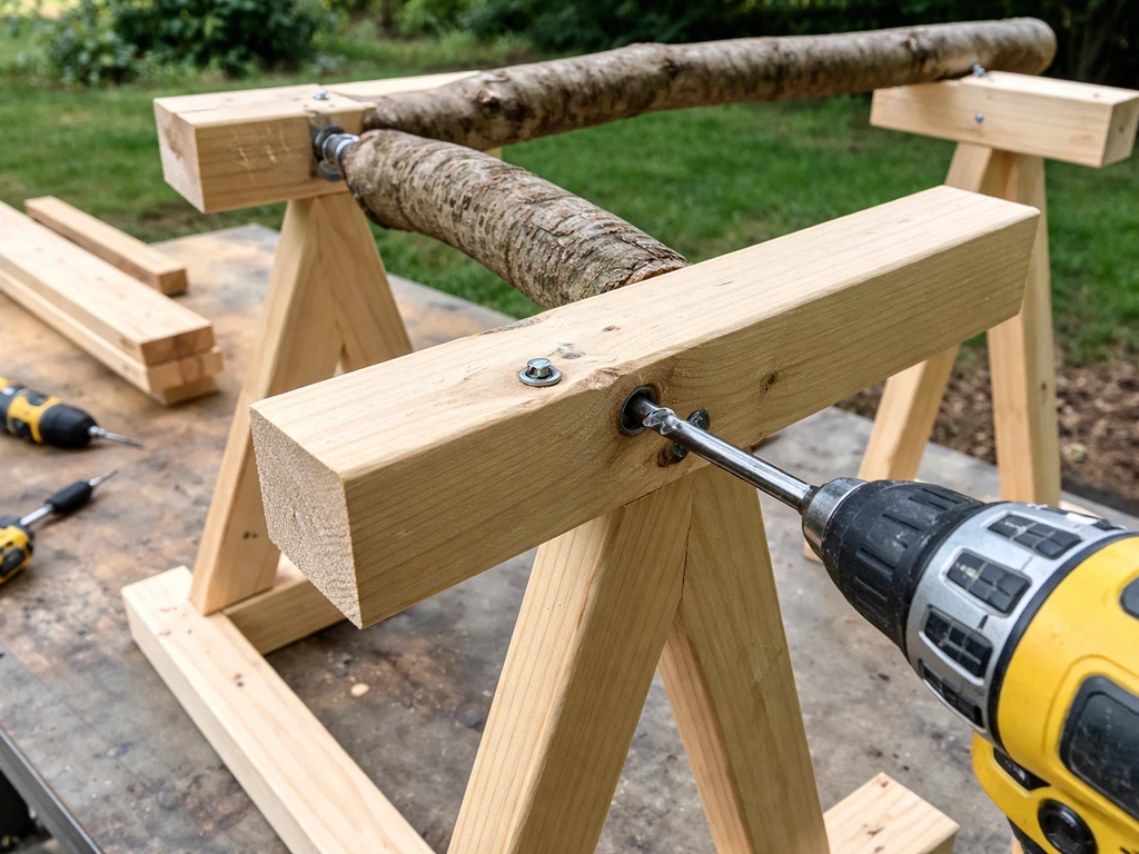 Close-up of natural-branch perches being screwed onto a 2x4 bird-playground frame with a drill.