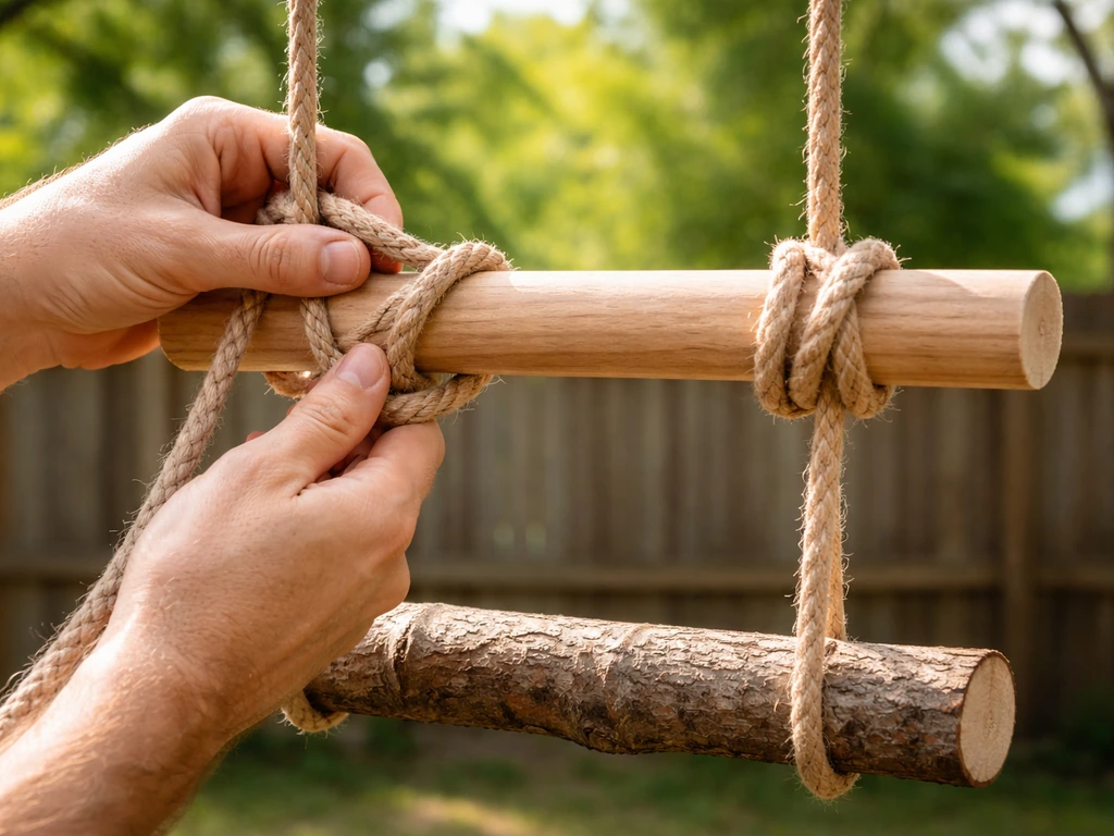Hands tying ropes to suspend a natural branch perch from a wooden crossbar for a bird swing.