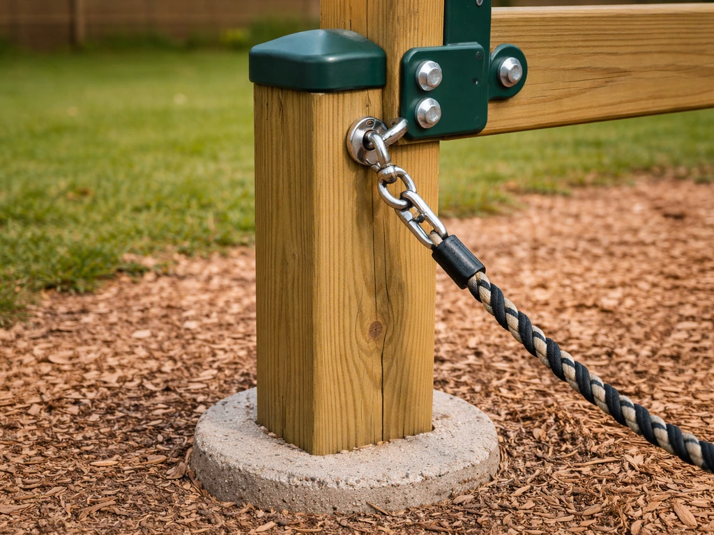 Outdoor playground structure showing a 4x4 post anchored in concrete with weatherproof hardware and routed chain