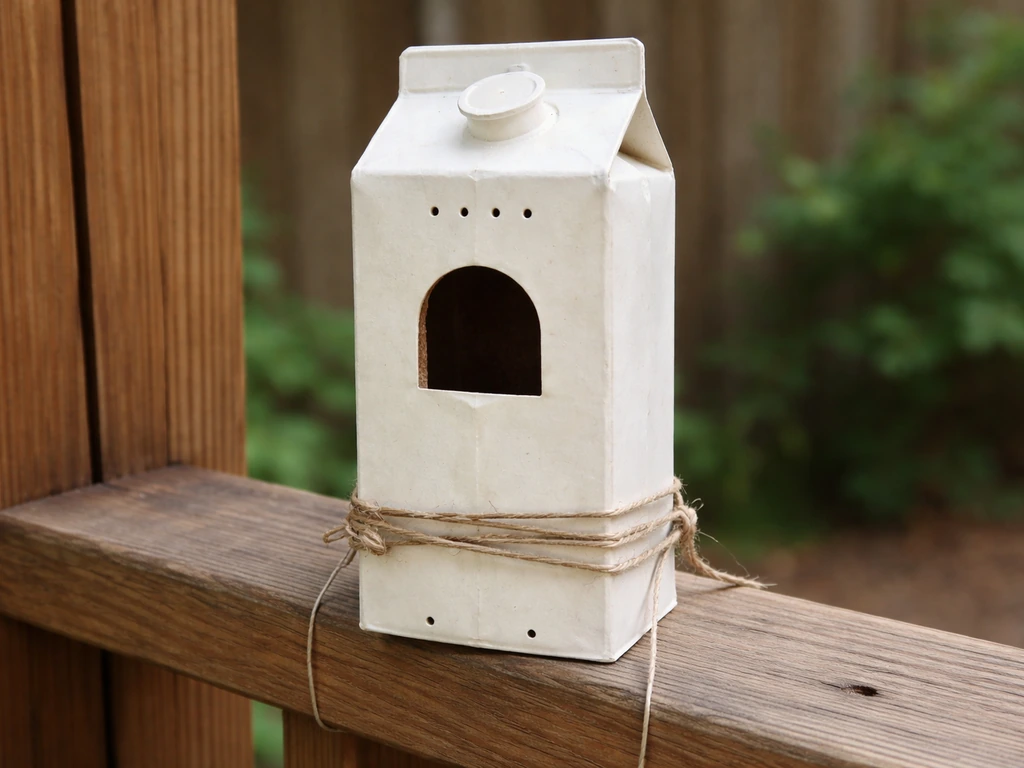 Finished milk-carton bird house on a porch railing with visible entry hole and bottom drainage holes.