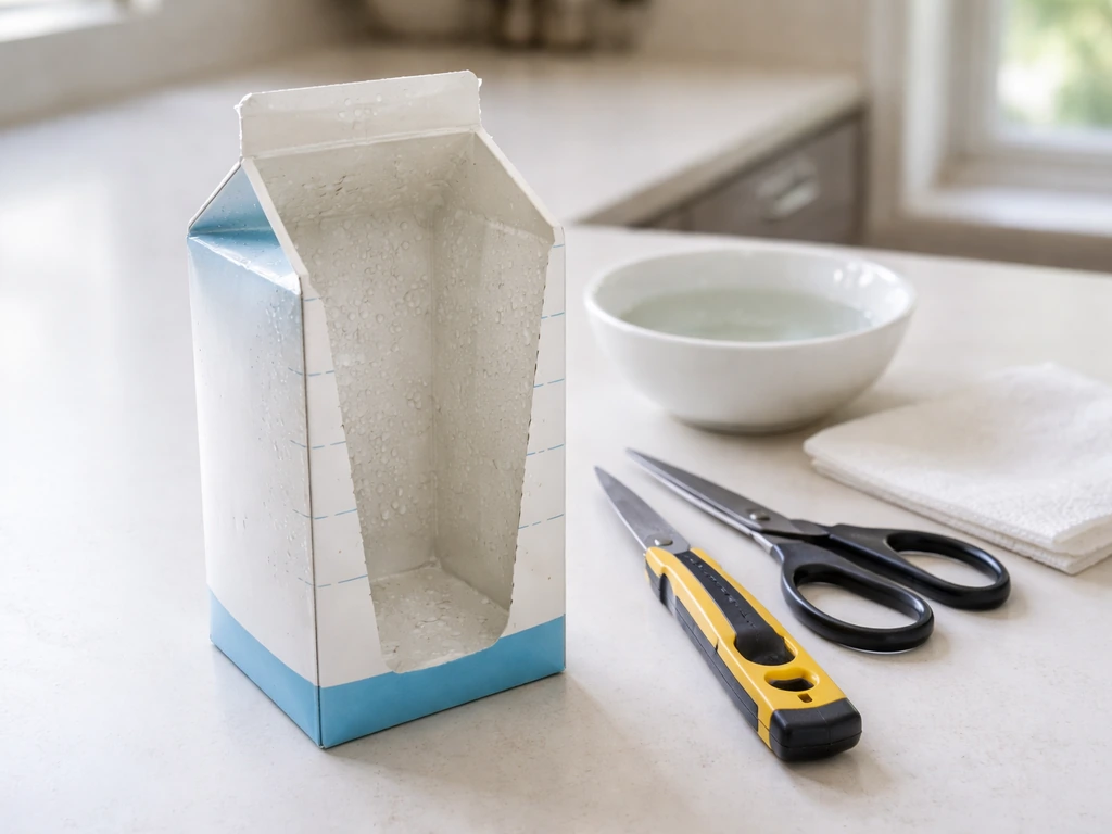 Rinsed wax-coated milk carton on a clean counter with cut lines and scissors staged nearby.