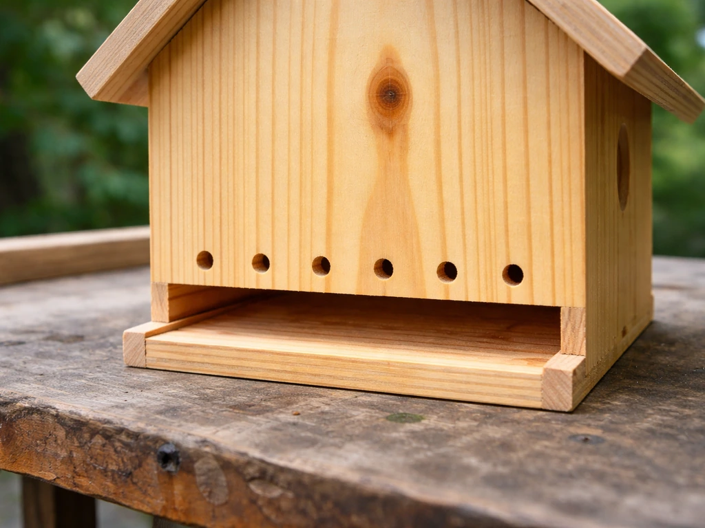 Underside of a small wooden birdhouse showing evenly spaced drainage holes and a recessed tray area.