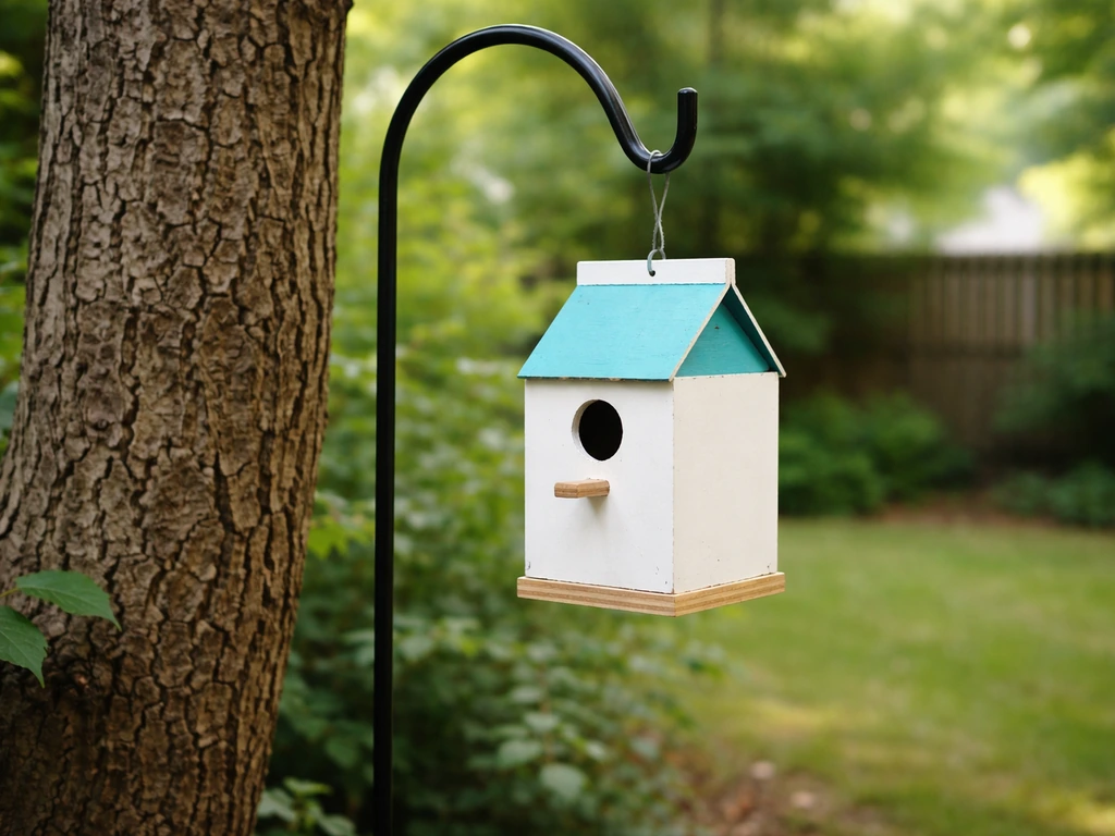 Milk-carton birdhouse mounted on a shepherd’s hook at proper height beside a tree trunk.