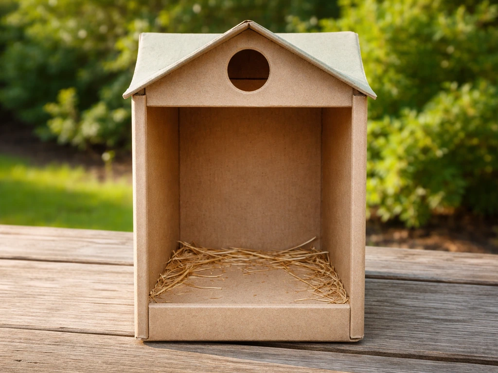 Cleaned milk-carton bird nest box interior with old nesting material removed on a wooden surface.