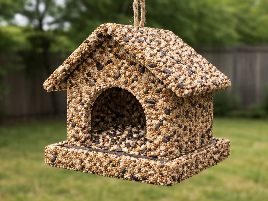 Finished birdhouse feeder outdoors with seed-covered exterior and visible tray/hopper area in soft natural light.