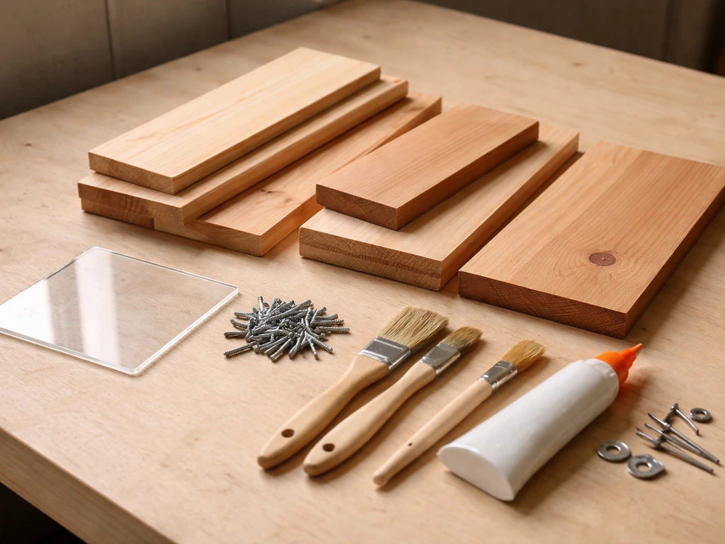 DIY feeder materials laid out on a workbench: untreated wood, clear acrylic panel, screws, glue, and small hardware.