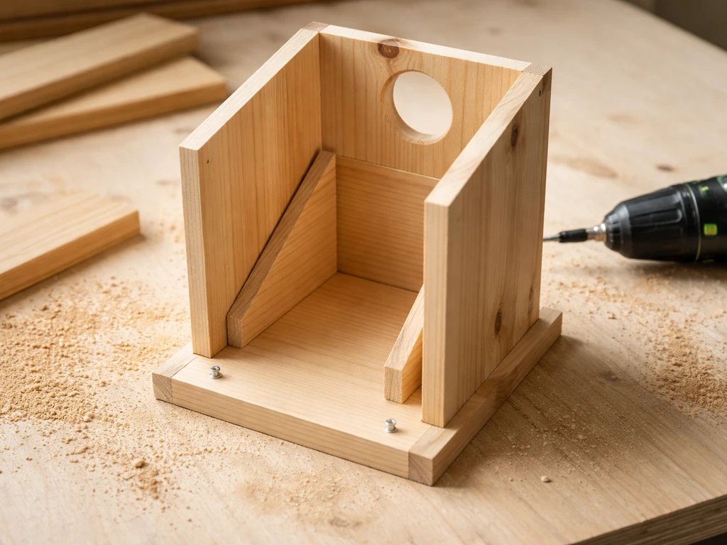 Close-up of assembling a house-shaped birdhouse feeder on a workbench with an entrance hole and hopper taking shape.