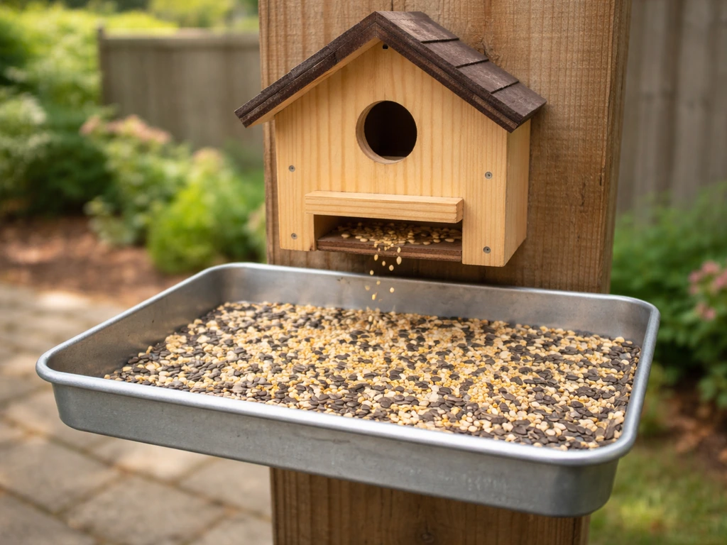 Wooden birdhouse with an entrance above a shallow tray with a raised lip, seeds falling into it.