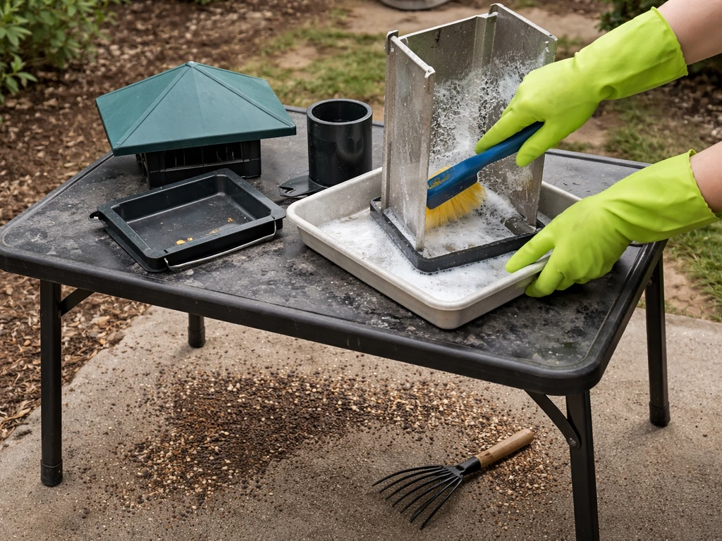 Person scrubbing an emptied bird feeder hopper and tray over a clean outdoor surface