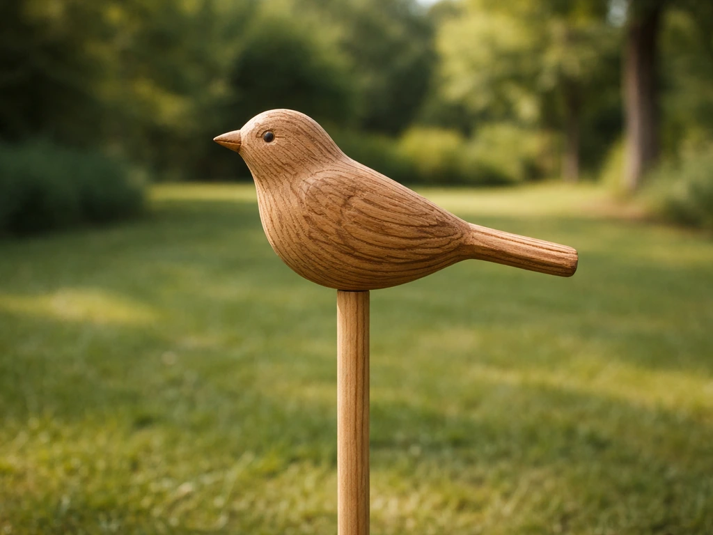 Freestanding wooden bird outdoors on a yard stake, showing carved silhouette and wood grain texture.