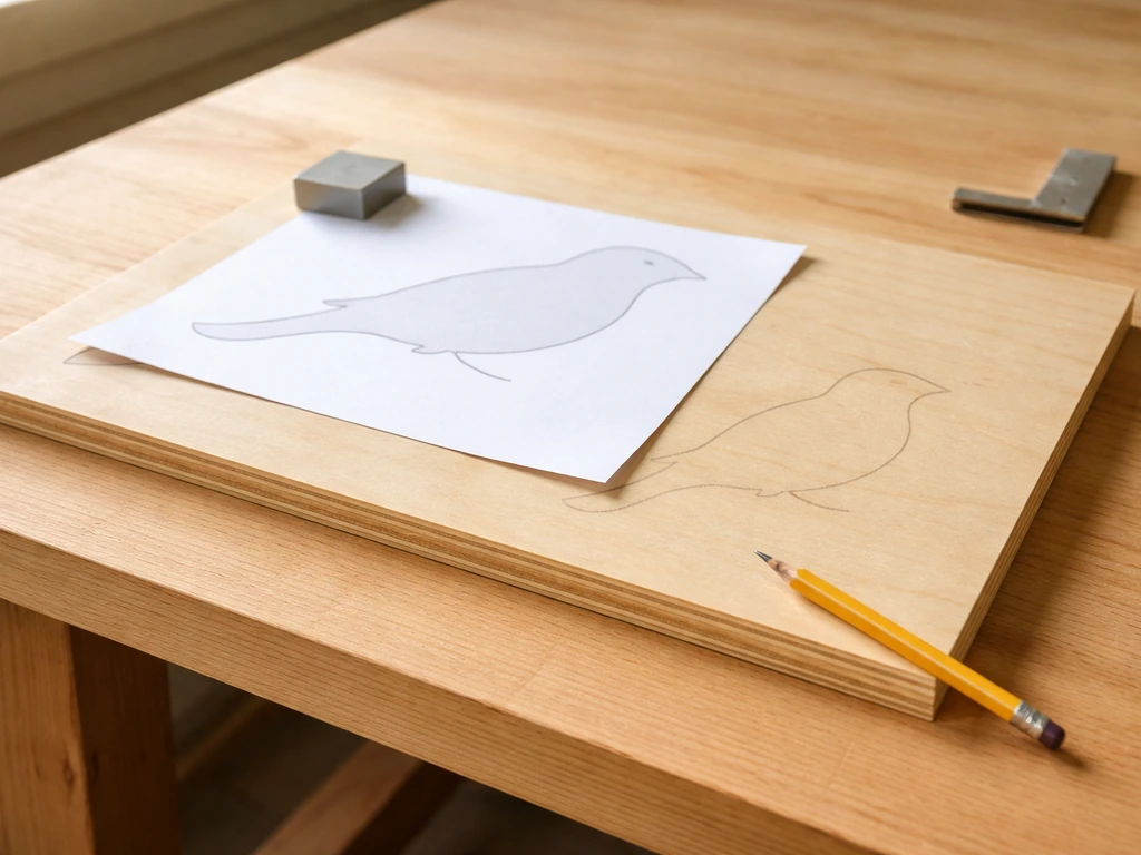 Wood shop scene with a bird silhouette template placed on plywood, ready for cutting.