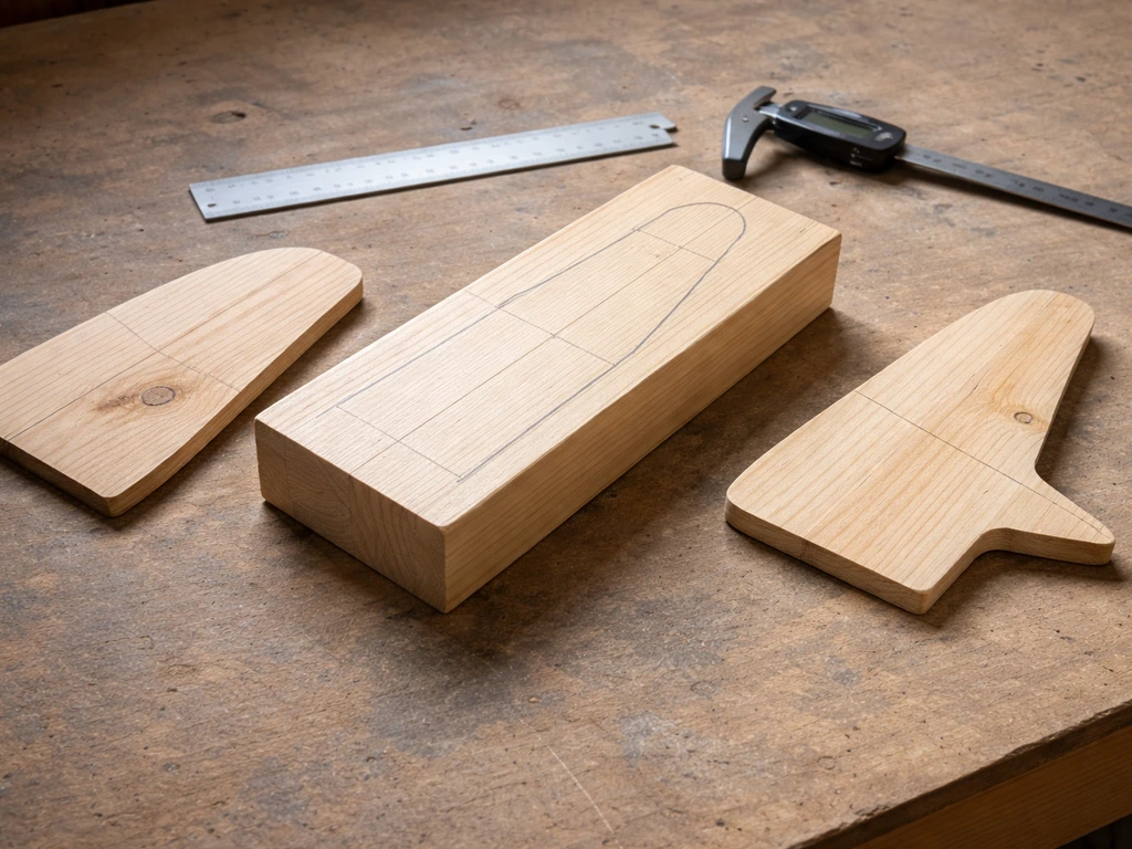 Woodworking setup with a main body block and separate wing/tail pieces laid out for assembly.