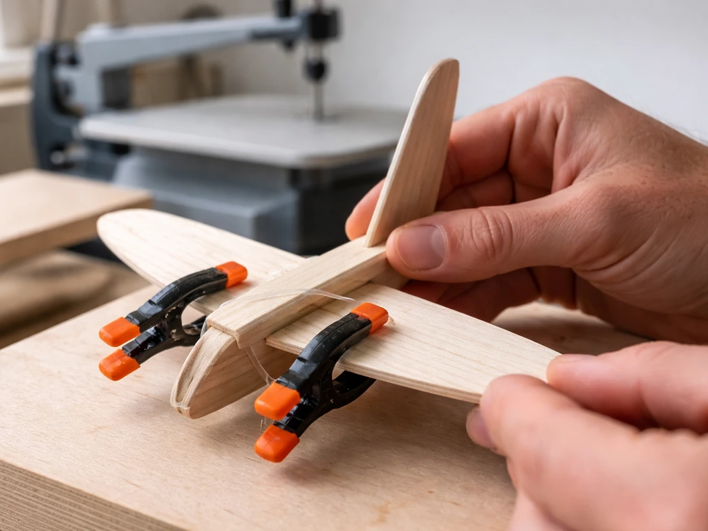 Hands align and clamp thin wing and tail wood pieces onto a small wooden body with visible wood glue.