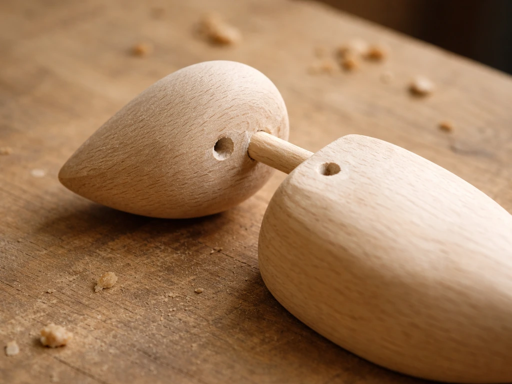 Woodcarving close-up of a bird head piece being glued and pinned to the neck with aligned pilot holes.
