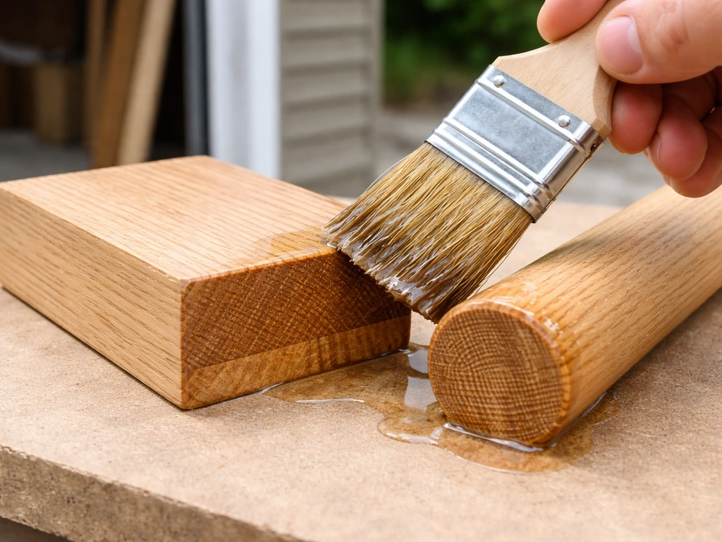 Close-up of a wooden base and dowel end grain being brushed with clear exterior sealer