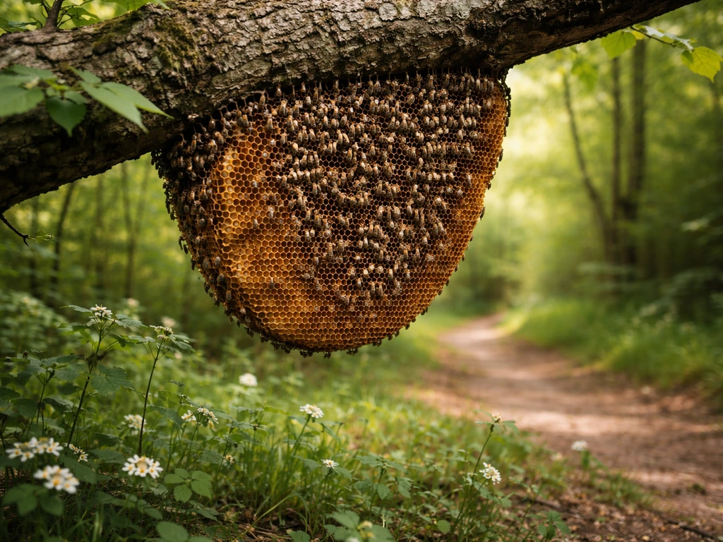 A bee nest block nestled in a tree branch above small flowers in a quiet Minecraft-like forest.