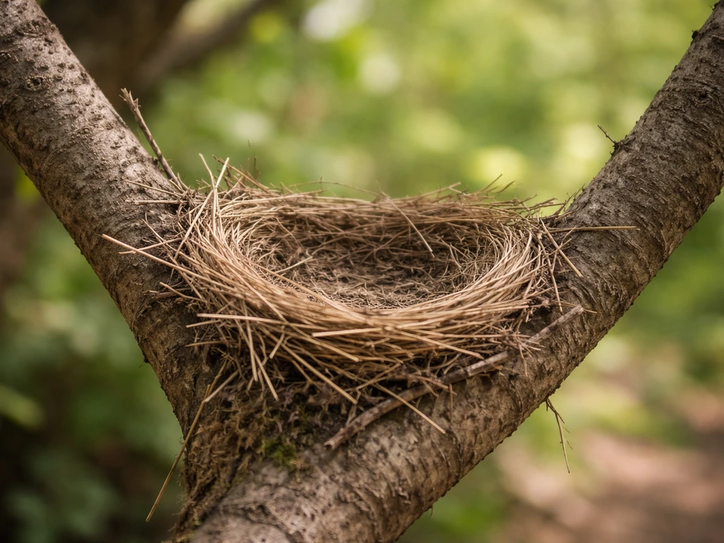 Close-up of twigs and grass forming a shallow bird-nest cup in a tree branch crook
