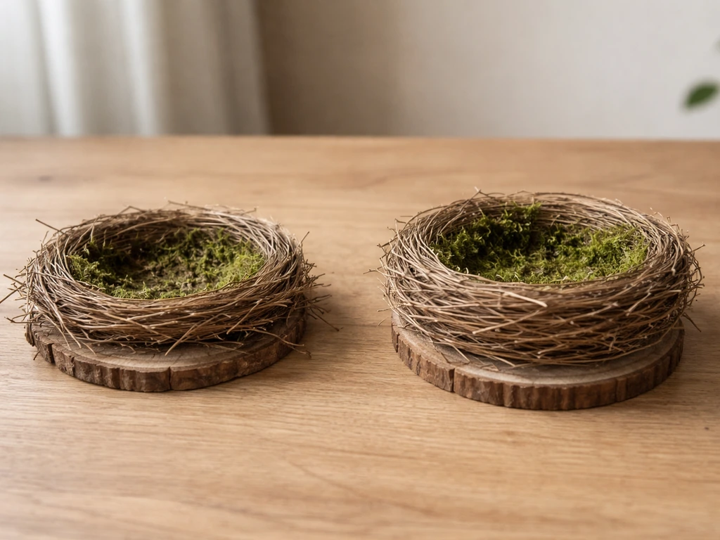 Close-up of a flat, misaligned bird nest platform beside a corrected nest lined with moss and rim detail.