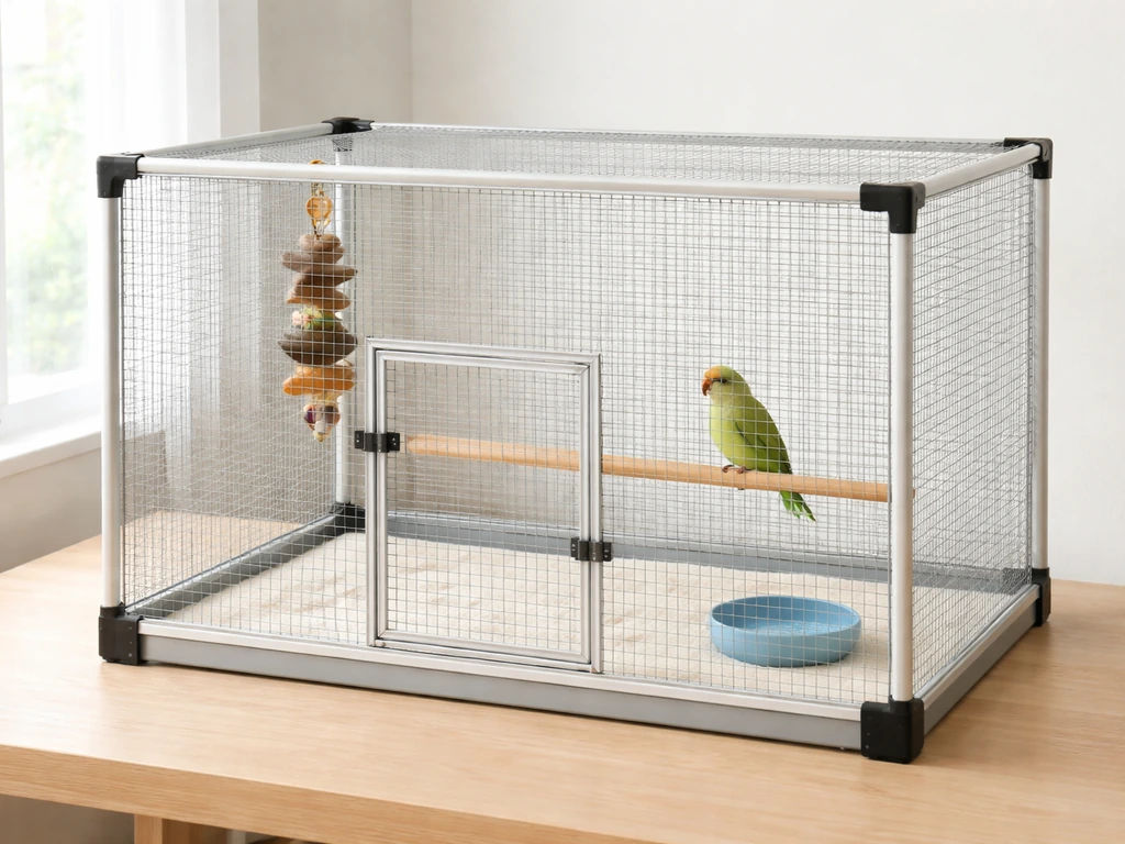 Completed DIY bird playpen with secure mesh walls, closed door, and a small bird inside in bright room