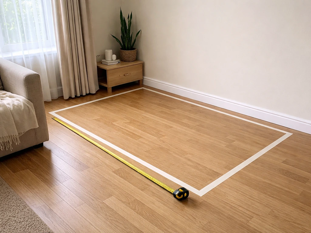Home interior floor with a tape outline showing playpen size and placement in a safe corner