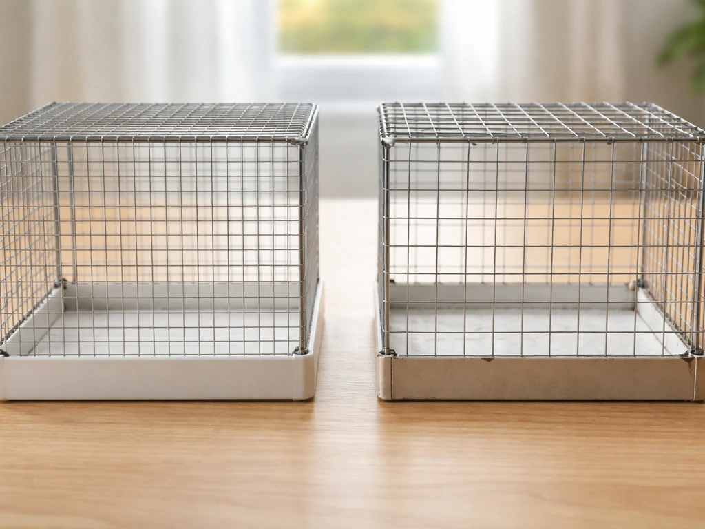 Close-up of bird-safe wire mesh with escape-proof details versus unsafe-looking mesh in a simple indoor setting.