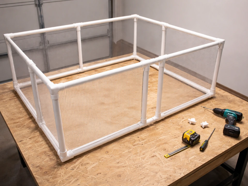 Partially assembled PVC frame with side wall panels and base on a workbench.