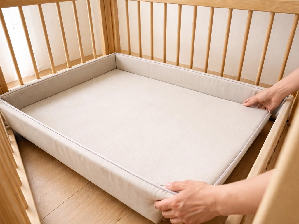 Removable playpen floor tray being placed inside a framed play area for easy cleanup