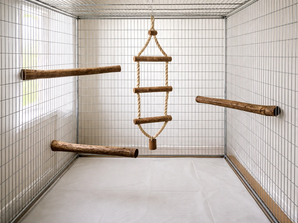 Minimal bird playpen interior with three perches at different heights and a simple climbing enrichment