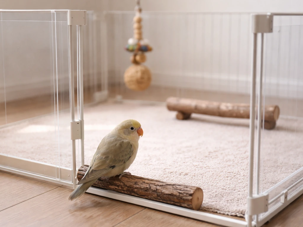 A small pet bird perched near an open playpen door with calm enrichment inside