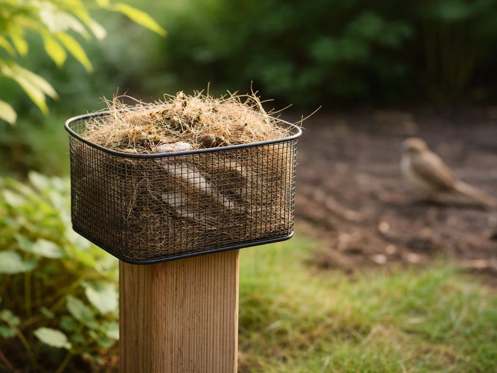 Backyard bird nesting material holder filled with natural fibers, mesh visible, small bird nearby.