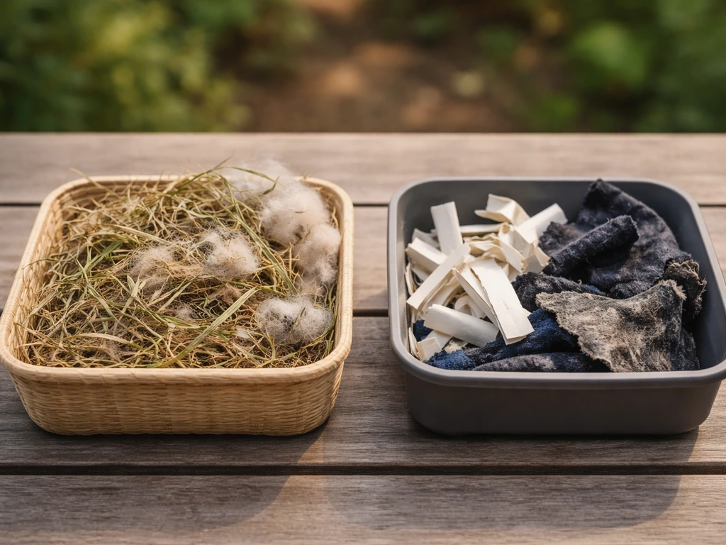 Two separate containers of safe dry grass clippings and untreated fibers beside unsafe bleached and treated scraps.