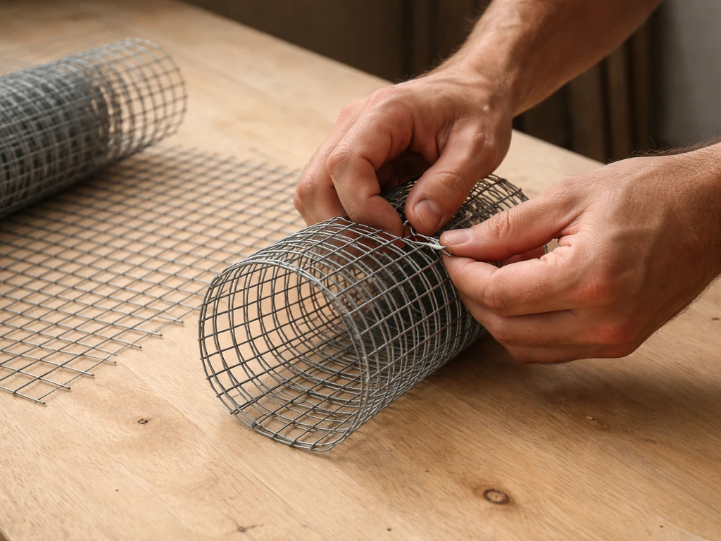 Hands rolling and fastening 1-inch hardware cloth into a small wire mesh cylinder on a workbench.