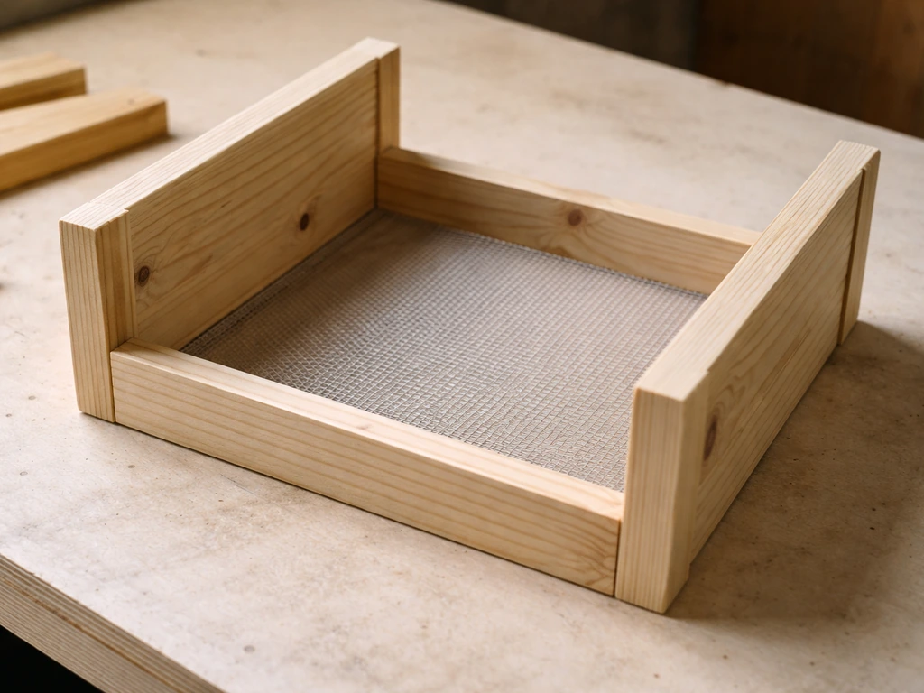 Wood-framed tray with taut mesh front being assembled on a workbench, ready to mount.