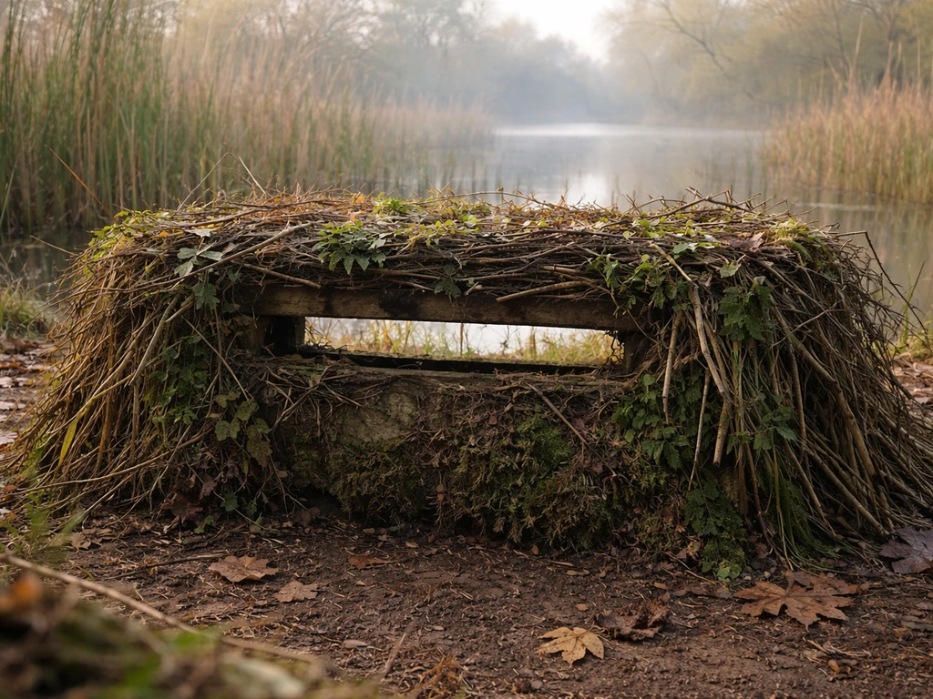 Camo bird hide in a woodland wetland with a visible viewing slit, ready for wildlife watching.