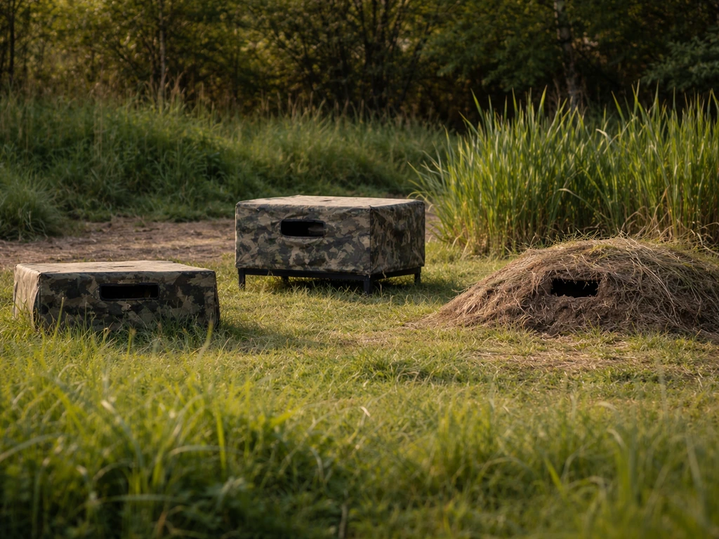 Three small bird hide setups in a grassy yard, showing ground box and elevated hide silhouettes for birdwatching.