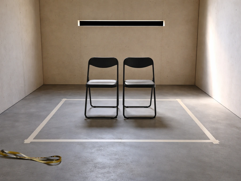 Minimal room interior with a marked 1.5m x 1.2m footprint and an emphasized viewing slot for two seats.