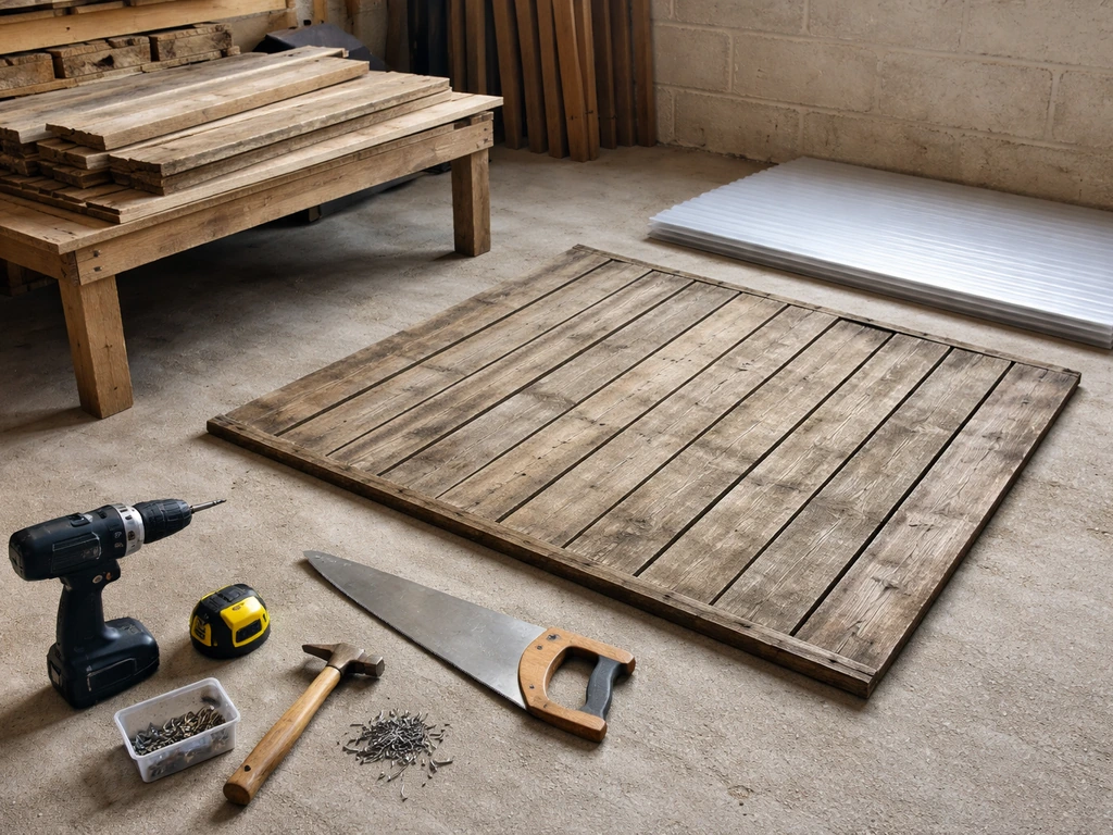 Reclaimed pallet wood and fence panel with basic tools laid out for building a DIY bird hide.