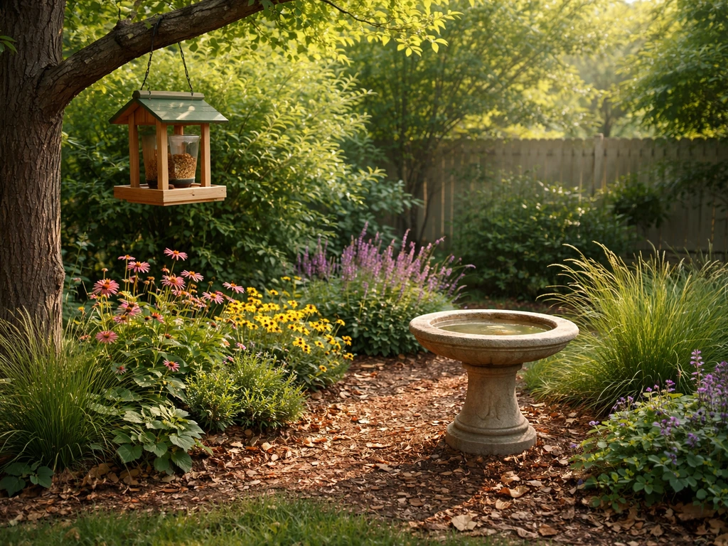Welcoming bird garden with a hanging feeder, stone birdbath, and native plants in morning light.