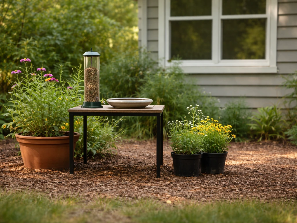 Backyard bird feeder and bird bath positioned with safe distance from a nearby house window.