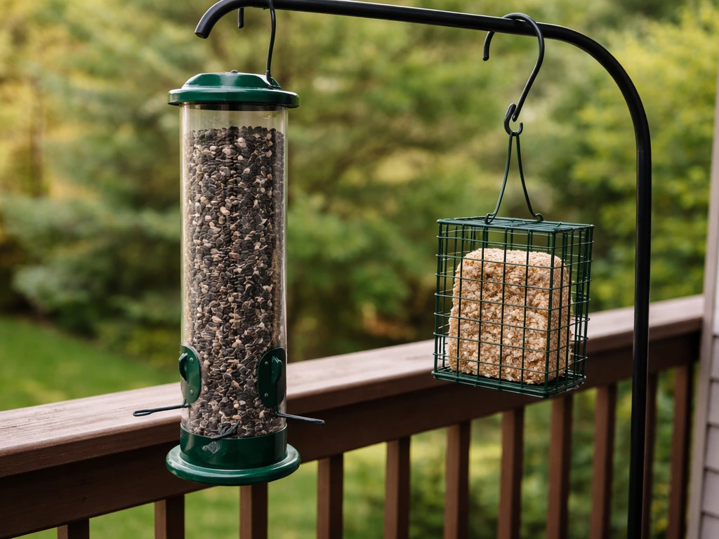 A tube bird feeder filled with black-oil sunflower seed beside a suet cage outdoors