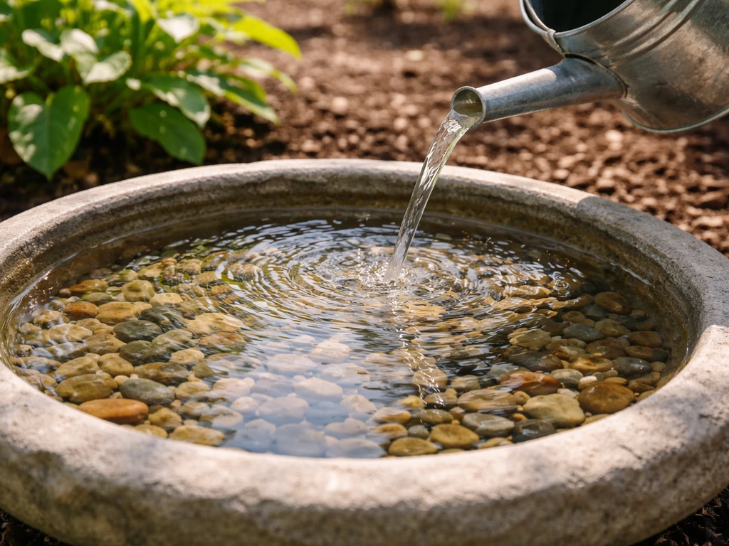 Shallow, clean birdbath in a garden with water being refreshed for regular daily cleaning