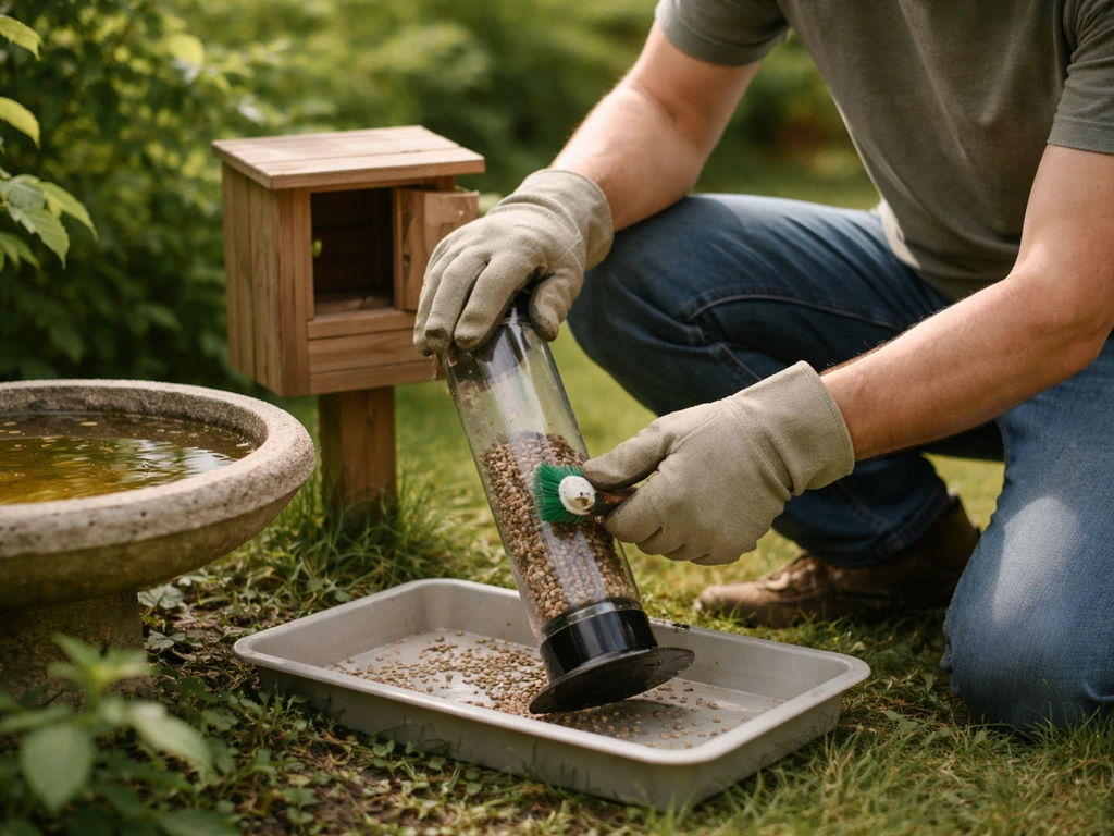 Person cleaning a bird feeder, refreshing a birdbath, and checking a nest box in a backyard garden
