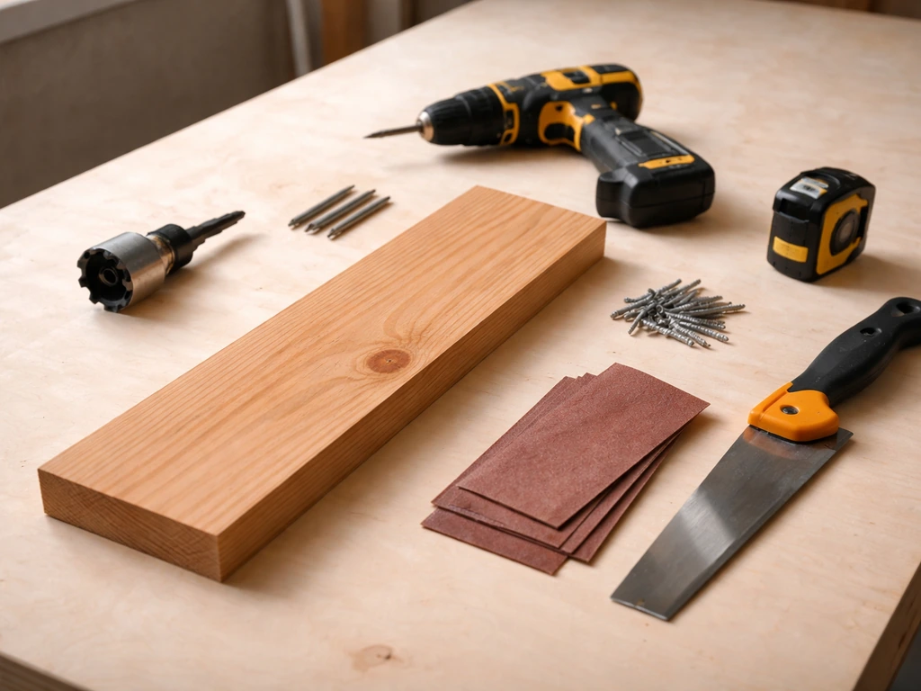 Cedar board and essential tools laid out for building a small finch house, ready for cutting.
